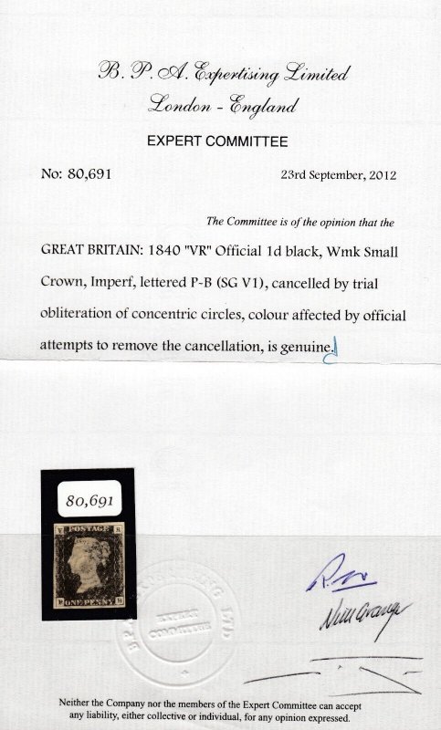 SG V1 Great Britain 1840 ‘VR’ official 1d black, watermark small crown. Imperf.. 