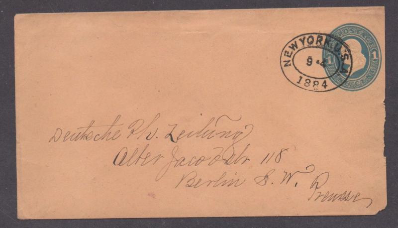 **US 19th Century Post Sta Cover, SC# U115a, NY, NY 9/4/1884,1¢ Rate to Germany?