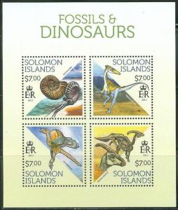 SOLOMON ISLANDS 2013 FOSSILS & DINOSAURS SHEET OF FOUR STAMPS