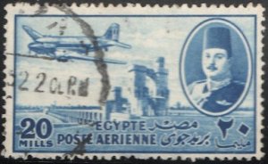 EGYPT  1947 Sc C45 Used 20m Airmail, King Farouk & Airplane