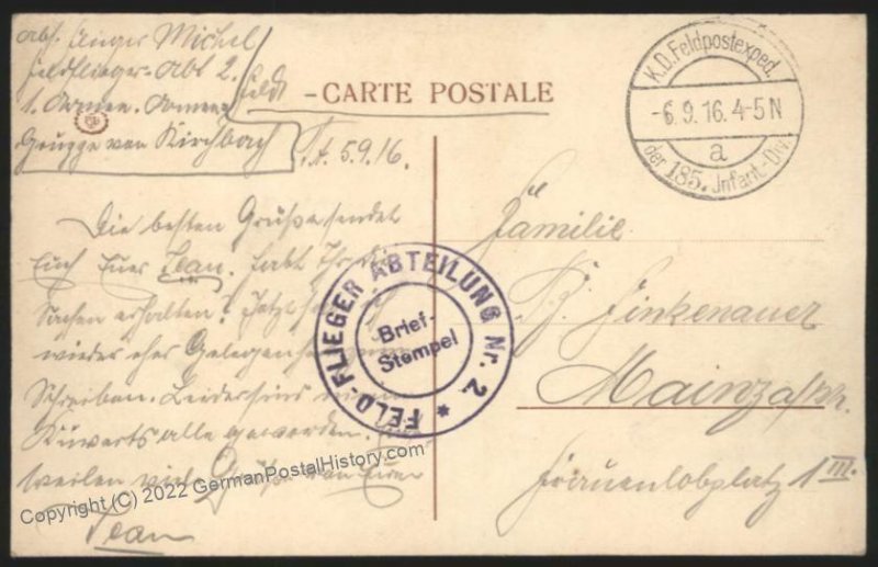 Germany WWI 1916 Feldflieger Abt 2 Air Force Feldpost Used Cover 110112