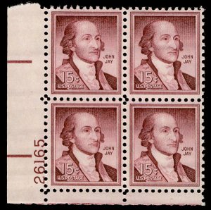 US #1046 PLATE BLOCK, SUPERB mint never hinged, super fresh,  15c John Jay Pl...