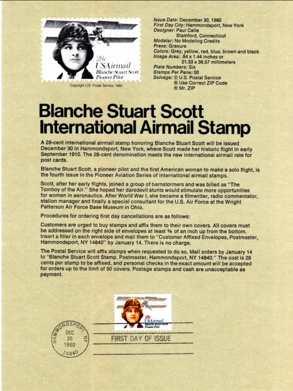 US SP501 Blanche Stuart Scott C99 Souvenir Page FDC