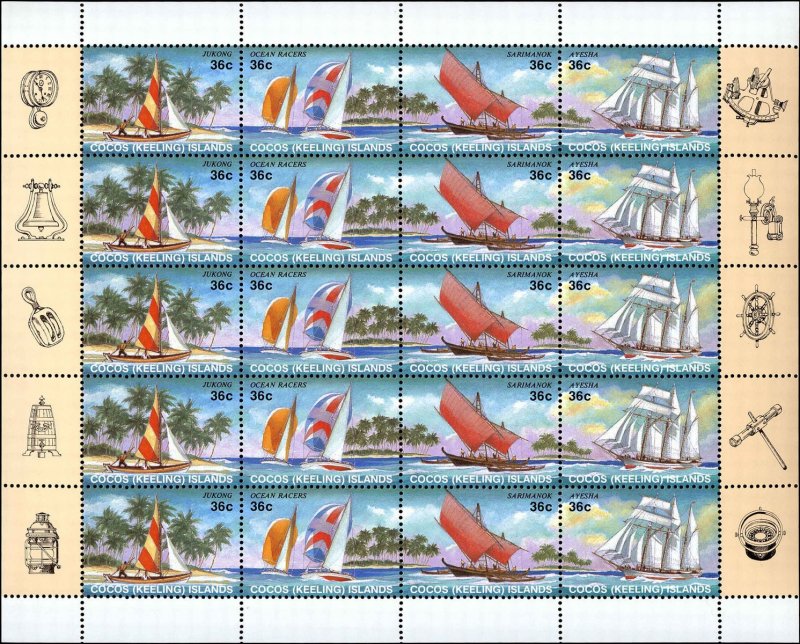 Cocos Islands #158a, Complete Set, Sheet of 5 with Selvedge, 1987, Never Hinged