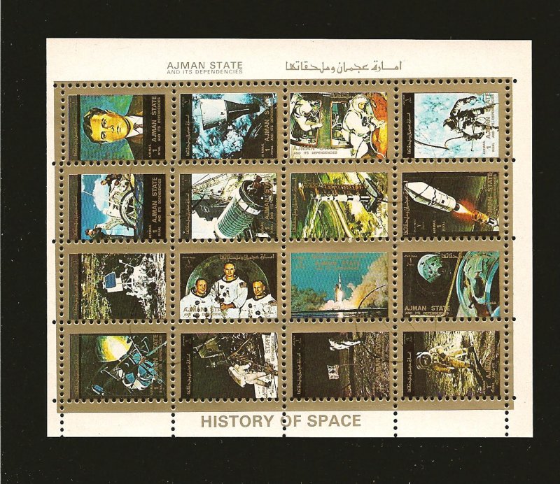 Ajman State History of Space 1973 Souvenir Sheet of 16 CTO Mint Hinged