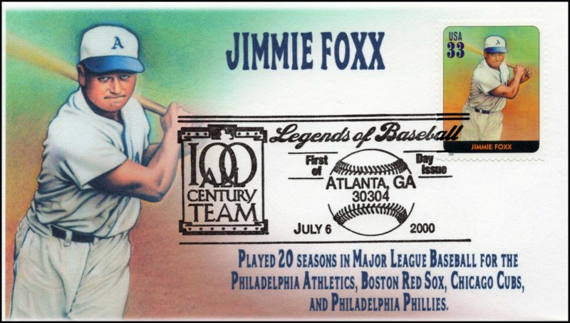 AO 3408N, 2000, Legends of Baseball, FDC, Add On Cachet, Jimmie Foxx, SC 3408n