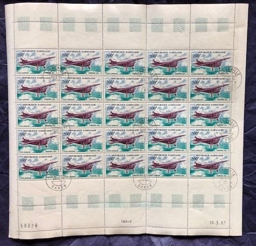 Gabon C50 CTO, Plate Block of 25 Stamps..