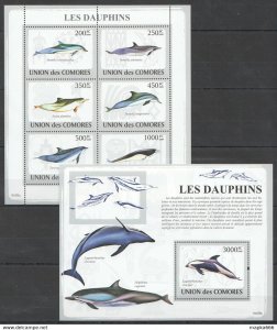 2009 Comoros Fish & Marine Life Dolphins Kb+Bl ** Uc069