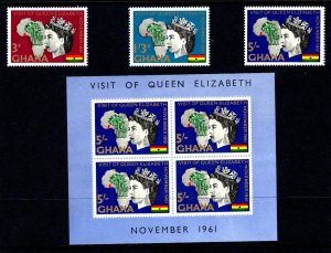 Ghana #107-109a MNH Visit of Queen Elizabeth II Complete Set + Souvenir Sheet