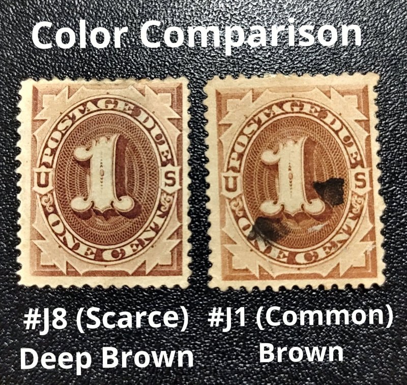 Scott Stamp# J8 - 1879 1¢ Scarce Deep Brown.  MHR, OG.  SCV $16,000.00