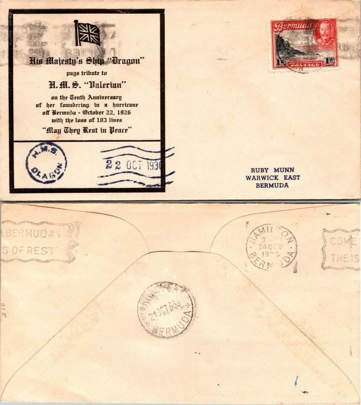 1936 BERMUDA CACHET FOR SHIP DRAGON, 1936