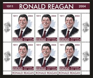 Stamps. Ronald Reagan  Burundi 2022 year , sheet 6 stamps perforated