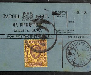 GB Chelsea PARCEL POST LABEL *47 King's Road* London SW 1904 CDS KEVII 3d QB20