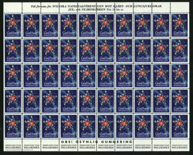 Sweden.  Christmas Seal Full Sheet 1970/71. Mnh Folded. Stars. See Description