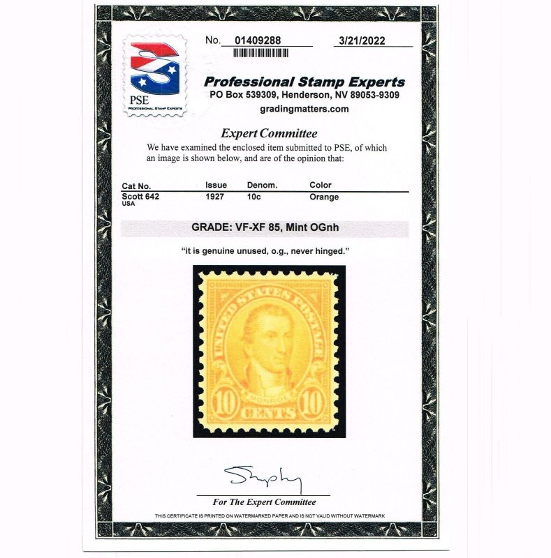 EXCEPTIONAL GENUINE SCOTT #642 MINT PRISTINE OG NH PSE CERT GRADED VF-XF 85