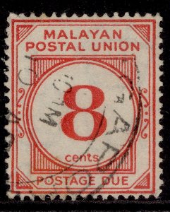 MALAYSIA - Malayan Postal Union GVI SG D3, 8c scarlet, FINE USED.