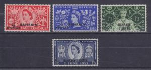 Bahrain Sc 92-95 MLH. 1953 Coronation, overprints on stamps of Great Britain, VF