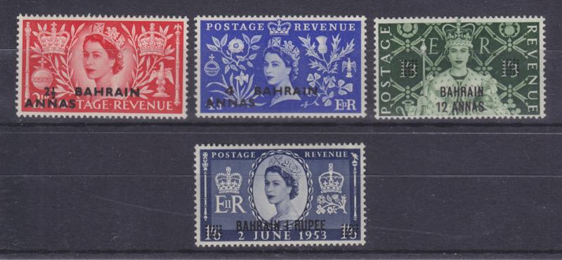Bahrain Sc 92-95 MLH. 1953 Coronation, overprints on stamps of Great Britain, VF