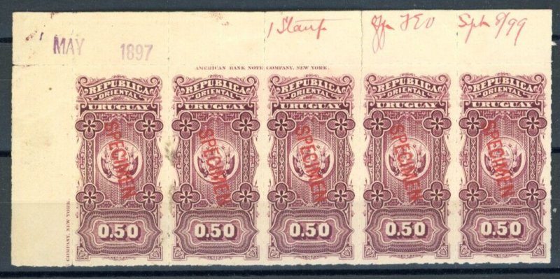 URUGUAY Revenues $0.50 ABNCo Specimen 1897 *REGISTRATION SHEET* Block{5} MNH ZS3