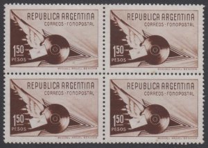 ARGENTINA 1939 PHONOGRAPH Sc 472 TOP VALUE BLOCK OF FOUR UNUSED SCV$210.00