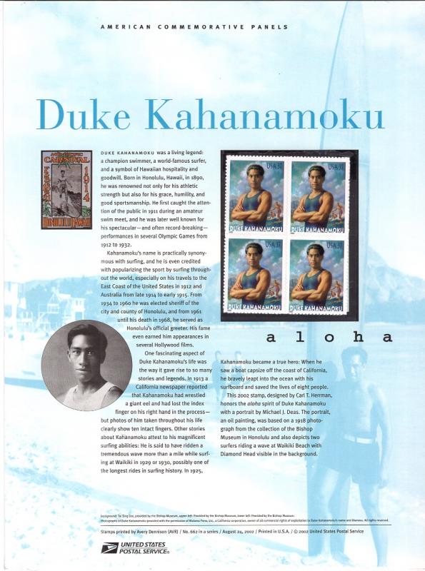 US CP659 Duke Kahanamoku 3660 Commemorative Panel Mint