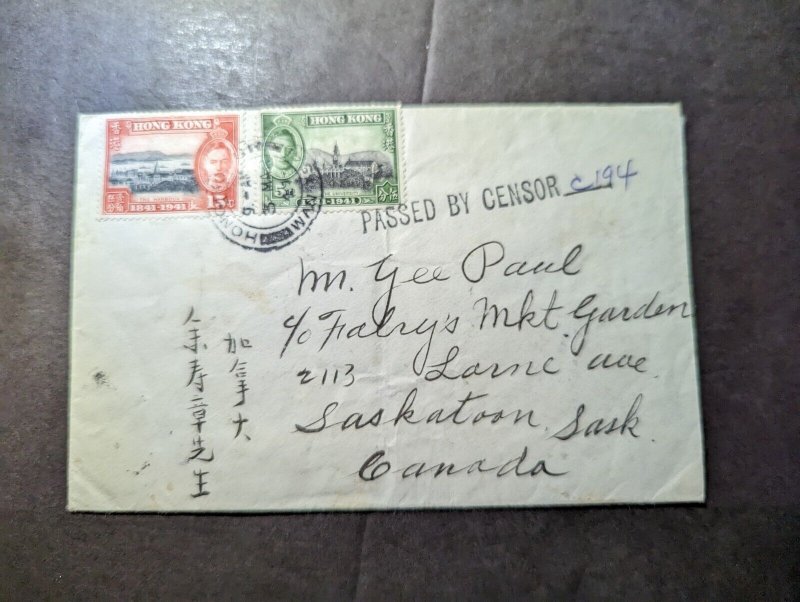 1941 Censored British Hong Kong Cover Victoria to Saskatoon Sask Canada