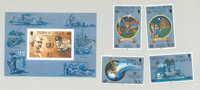 Turks & Caicos #671-675 Youth Year, UN, Halley's Comet, Fairy Tales 4v & 1v S/S