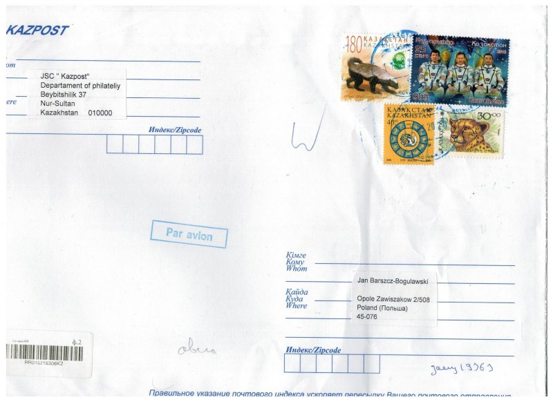 Kazakhstan 2020 Registered Cover to Poland Stamps Space Astronauts Animals Snail