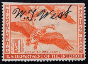 U.S. Used Stamp Scott #RW11 $1 Federal Duck Hunting, Very Fine. Scott: $35.00