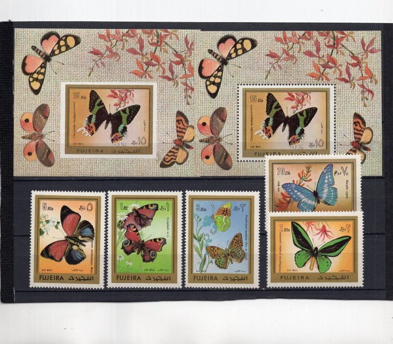 FUJEIRA 1971 BUTTERFLIES SET OF 5 STAMPS PERF. & 2 S/S PERF. & IMPERF. MNH