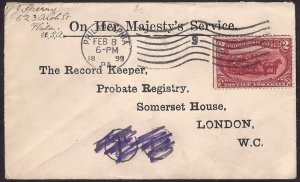 2c Trans-Miss #286 on British OHMS cover to London, charged due, not collected!