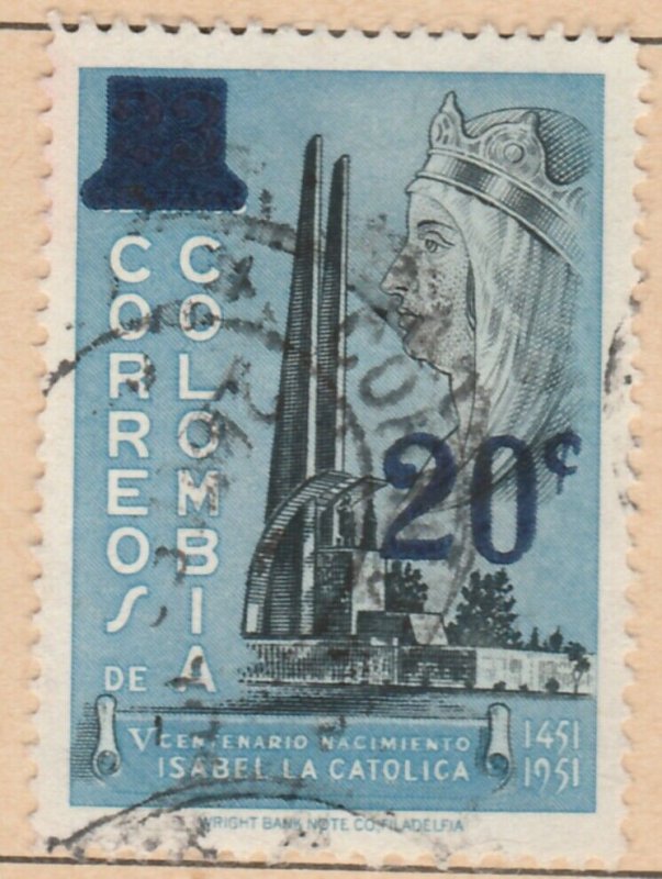 Colombia 1959 20c on 23c Fine Used A8P52F53