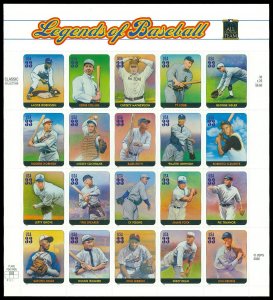 Scott 3408 33c Legends of Baseball Mint Sheet of 20 VF NH Face $6.60 Cat $15