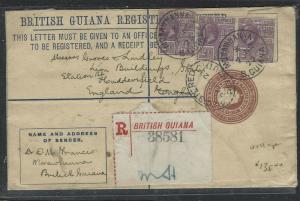 BRITISH GUIANA (P1505B) 1923  4C RLE +KGV 2CX3 MOHAWHANNA TO ENGLAND 