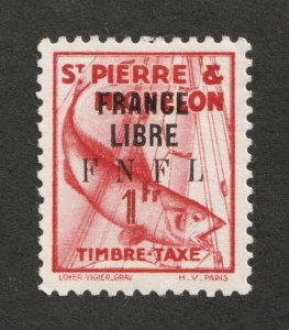 1942 St-Pierre et Miquelon Sc# J65 (1 Fr postage due). Cod Fish. MH Cv$27.50