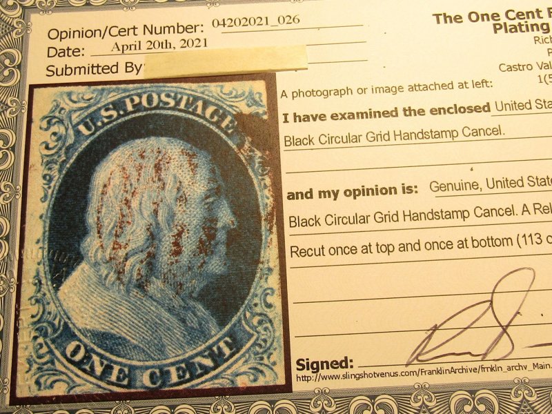 US Stamps, Scott #9 USED,1 Cent Franklin type IV Used, w/R.Doporto Certification