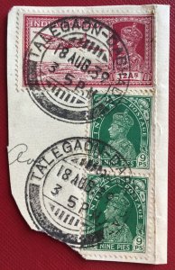 INDIA 1939 KGVI 12A & 9p (Vert pair) on piece postmark TALEGAON-DABHADA I5282