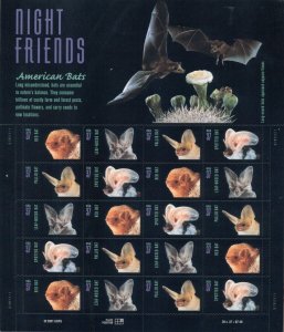 US: 2002 NIGHT FRIENDS - BATS; Complete Sheet MNH Sc 3661-64 