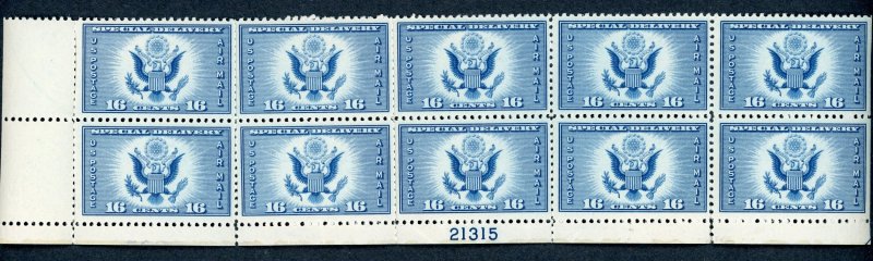 #CE1 – 1934 16c Airmail Spec Delivery.  Plate block of 10.  MNH OG.