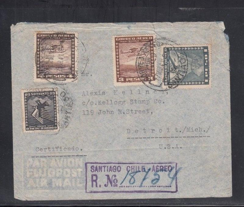 Air Mail Registered Cover Chile to USA 1941 via US Postal Agency Cali Colombia