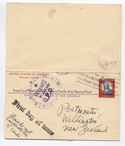 1956 UY16 4ct liberty postal card message/reply FDC to New Zealand [H.2498]