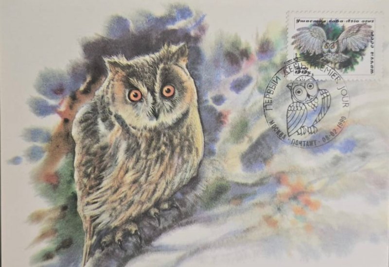 KV) 1990 USSR, FIRST DAY COVER WITH AN ILLUSTRATION OF A LONG-EARED OWL