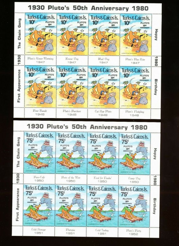 TURKS & CAICOS ISLANDS - Sc 468-469 VFMNH sheets - DISNEY, Pluto 50th Anniv 1980