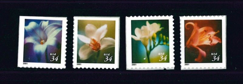 US Scott # 3487 - 3490  Set Of Four Singles From 3490e .34 Flowers, 2001