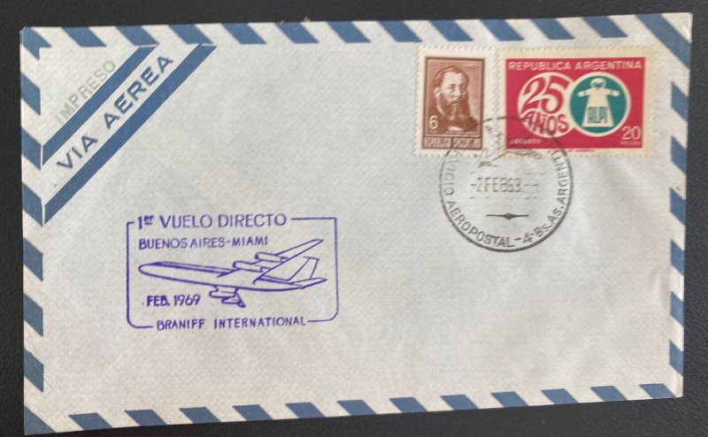 1969 Buenos Aires Argentina First Flight Airmail Cover FFC  To Miami FL Usa