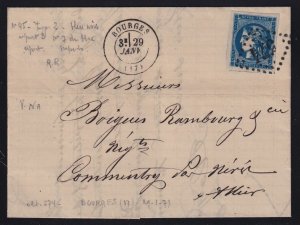 France 1871 20c blue Bordeaux Type III Bourges to Commentry Folded Cover