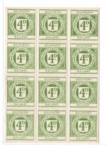 GB SOUTHERN RAILWAY KGV Letter Stamp FULL SHEET {12} 4d (1925) Mint MNH RS26