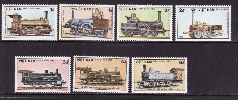 Viet Nam-Scott#1551-7-unused NH set-Trains-Locomotives-1985-