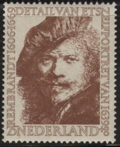 Netherlands B295 (mnh) 25c+8c “Self-Portrait” by Rembrandt, reddish brn (1956)