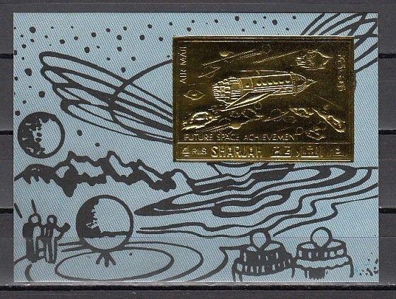 Sharjah, Mi cat. 1064, BL138 B. Future Space Research, Gold Foil, Space s/sheet.